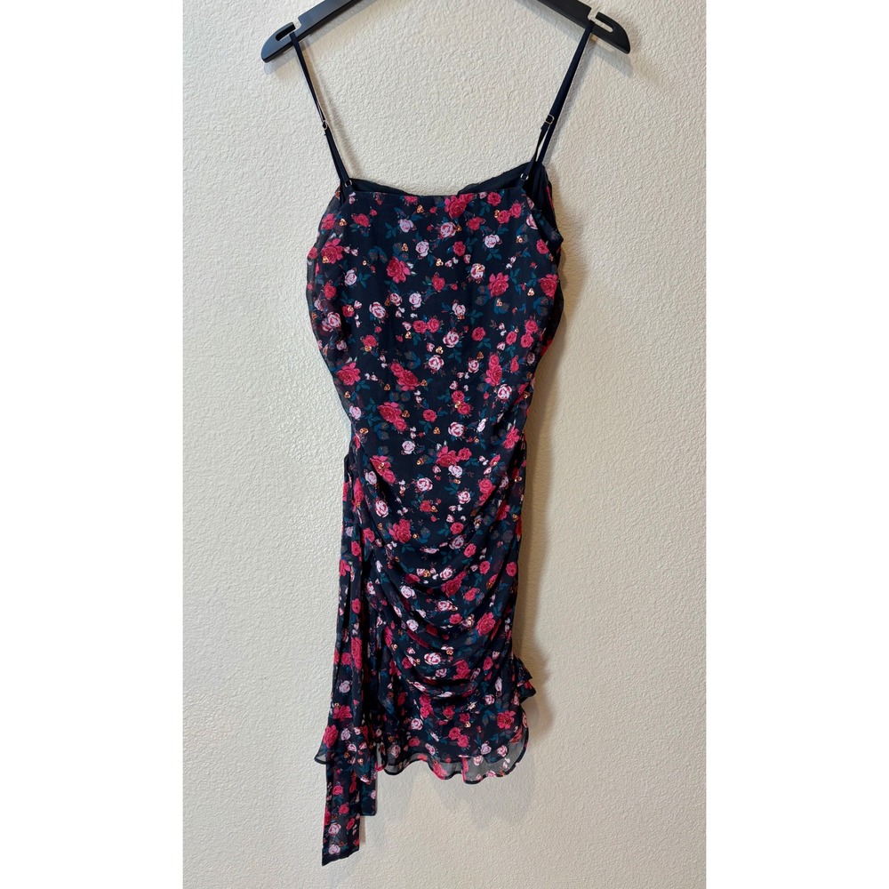 For Love & Lemons Floral Ruched Mini Dress Black Pink Rose CD1943-FA19 Medium - Picture 8 of 8